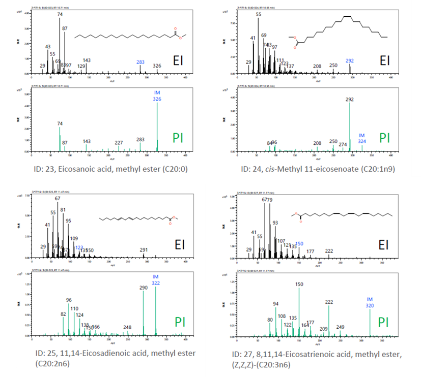多元不饱和脂肪酸的EI及PI质谱图